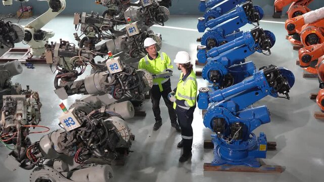 Industrial robotic arms in a warehouse with technicians inspecting equipment