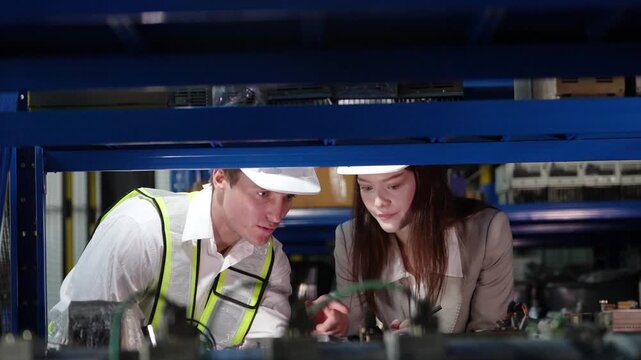 Focused teamwork in an industrial setting with engineers collaborating on a project