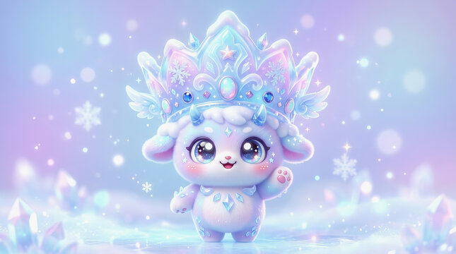 Cute cartoon ice princess character waving hand in magical winter fantasy scene with snowflakes and glowing crystals
