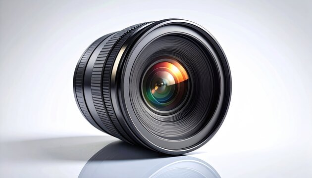 Professional camera lens with intricate detailing reflecting colorful light on a clean bright studio background
