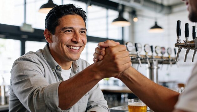 Smiling Hispanic man doing a firm handshake at a bar. Friends celebrating at a brewery with beer taps in background. Social gathering and camaraderie concept