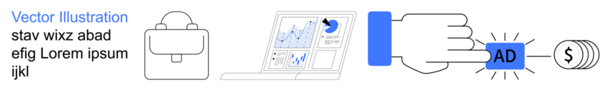 Digital marketing, business analysis, online advertising, financial management, data tracking, technology workflow. Laptop with analytics, button for ads and a coin. Digital marketing and business