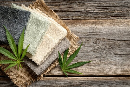 Cannabis leaf and hemp fabric displayed on a rustic wooden table, highlighting natural textures and colors.