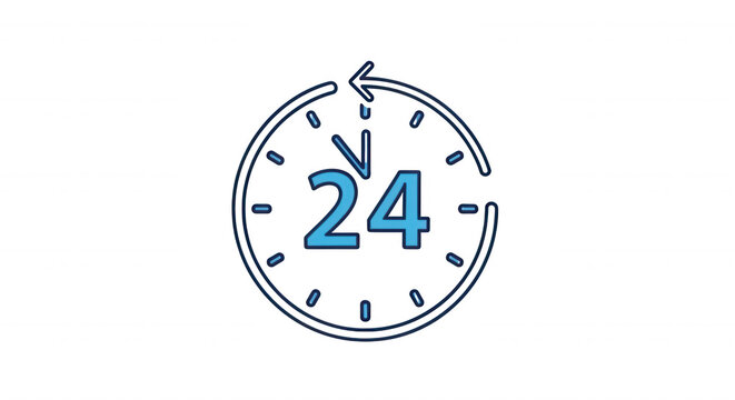 A blue neon-style outline of a 24-hour clock face with a circular arrow indicating continuous time on a solid black background
