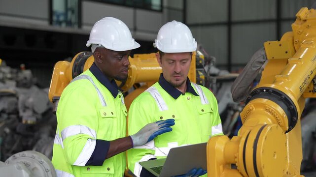 Factory workers in safety gear inspect robotic arm with laptop