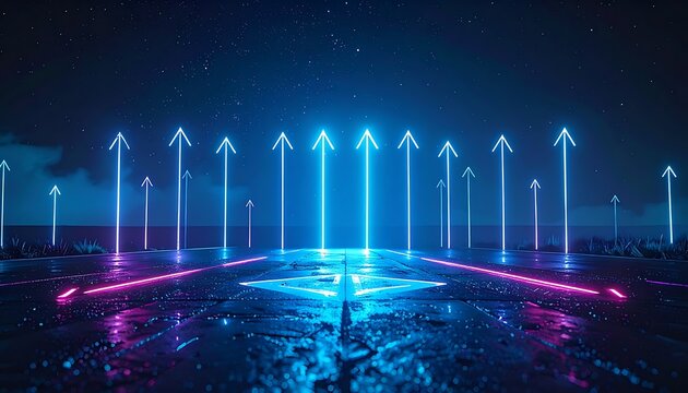 Neon arrows pointing upwards in a futuristic cityscape at night, with a digital grid pattern on the ground and glowing particles in the sky