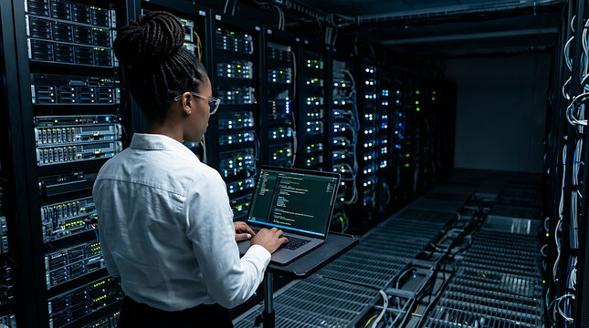 Experienced specialist running code and programming on laptop, troubleshooting and upgrading high tech facility designed to accommodate multiple clusters of fully operational server cabinets