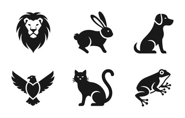 Fototapeta premium Bold black animal silhouettes, a collection of six distinct wildlife and domestic animal vector icons. Versatile animal graphics for branding, logos, and nature-themed designs.