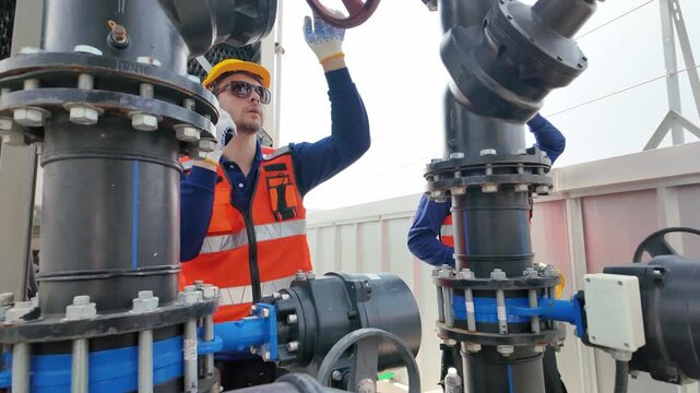 Industrial worker in safety gear inspects large pipes and valves on a rooftop