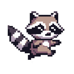Fototapeta premium Adorable pixel art raccoon character in a dynamic running pose, a charming retro 8-bit digital illustration perfect for game development, online avatars, or whimsical animal-themed designs