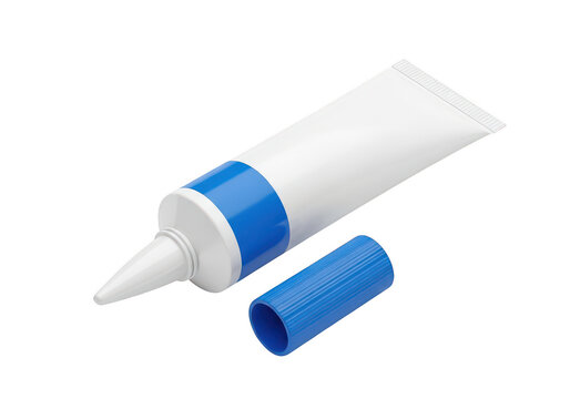 Tube of blue toothpaste with cap and squeeze bottle isolated on transparent background