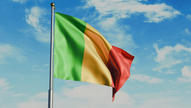 Mali flag waving in wind with flagpole, against the background of the sky with clouds, realistic render
