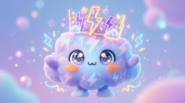 Cute cartoon thundercloud character with glowing lightning bolts and sparkles in a dreamy pastel sky background.