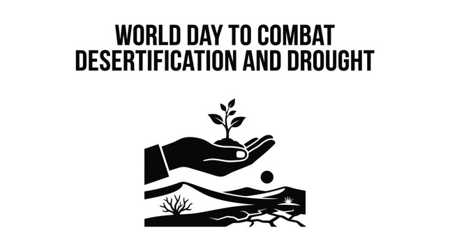 Minimalist vector illustration showing a hand holding a small plant to combat desertification and drought