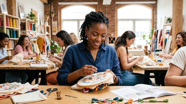Smiling Black woman enjoying an embroidery class in a creative workshop. A diverse group of people learning a new handmade hobby
