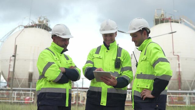 Team of engineers discussing project plans at industrial site