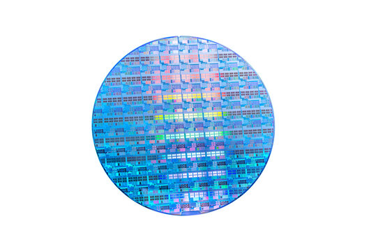 High-tech Macro Photography of a Colorful Silicon Wafer with Microchip Patterns isolated on white background,AI Hardware and Semiconductor Industry Concept.