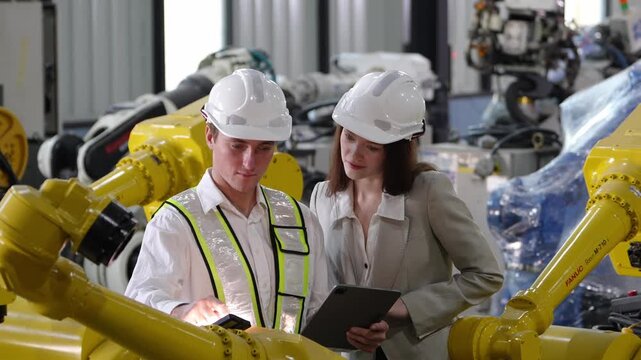 Engineers collaborating on robotics in a high-tech industrial setting