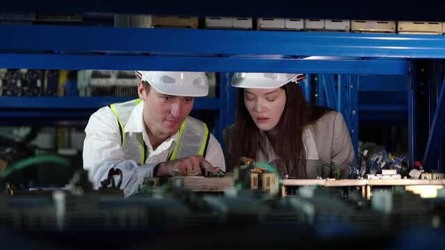 Engineers collaborating on complex electronic circuit board assembly in a modern facility
