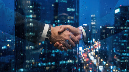 Fototapeta premium Business handshake partnership agreement corporate negotiation teamwork trust collaboration executive deal, seen through rainy glass with city