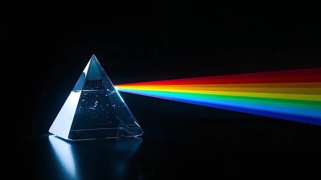 Glass prism separating white beam into rainbow spectrum on dark surface, optics physics experiment showing refraction and colorful dispersion