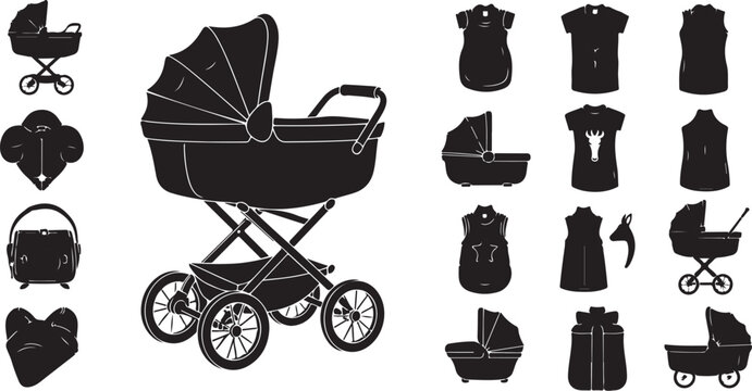 Black silhouette icons of baby strollers and prams set