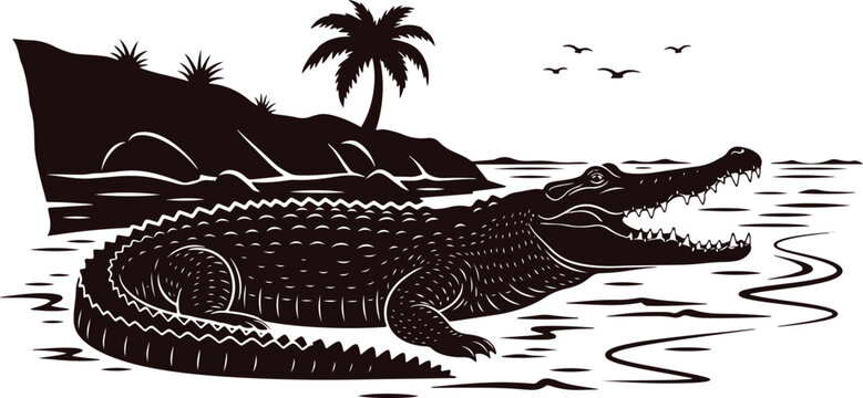 Silhouette of crocodile with open mouth near water and tropical island scenery.
