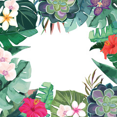 Exotic tropical palm leaves and flowers frame. Border background. Summer vector illustration. Template for card. Watercolor style © natikka