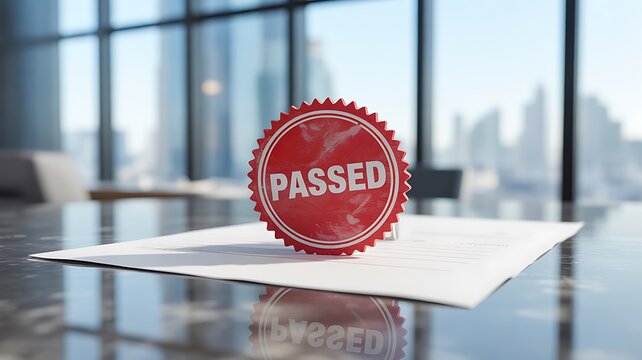 Approved document with red passed stamp official verification and certification concept