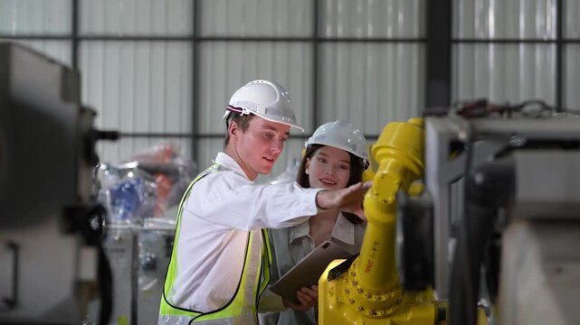 Engineers collaborate on industrial machinery in a modern factory setting