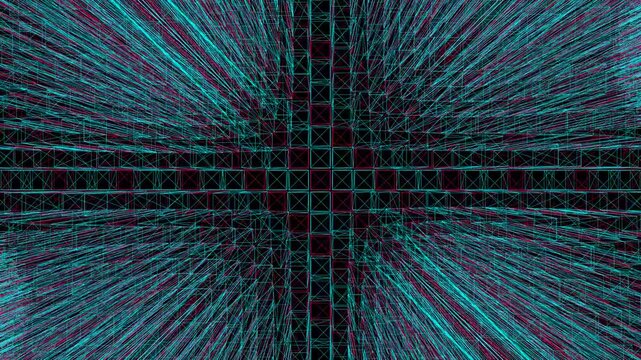A dynamic motion background featuring a grid of abstract, glowing lines and cubes in a digital, cyberspace environment.