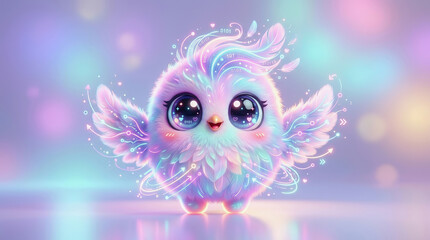 Fototapeta premium Cute fluffy pastel owl with glowing wings and sparkling eyes standing on a magical reflective surface in a dreamy colorful bokeh background.