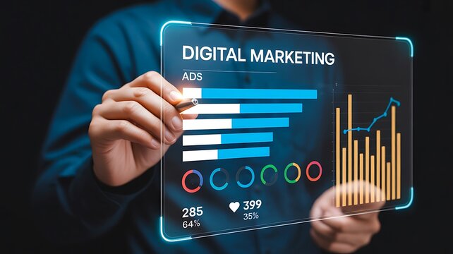 Digital marketing analytics dashboard with charts and graphs business growth concept
