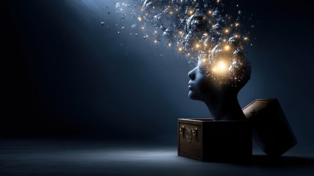 Illuminating ideas emerge from a treasure chest head in a dark studio conceptual imagery gigapixel detail