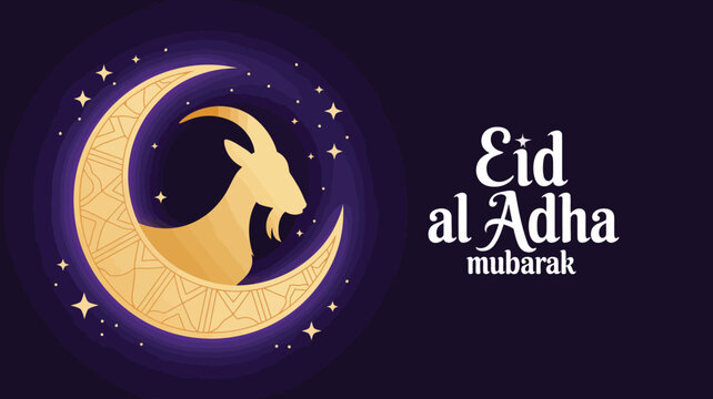 Eid al Adha Mubarak Greeting Card Design With Crescent Moon And Goat Silhouette On Dark Purple Background For Islamic Holiday Concepts