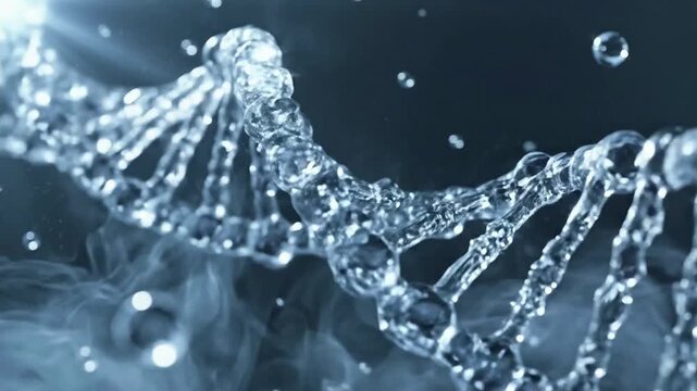 DNA double helix structure with water droplets.