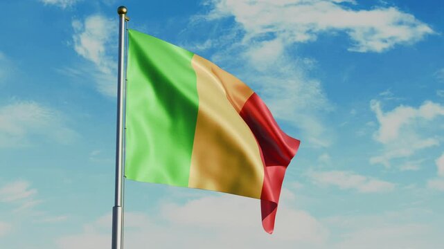 Mali flag waving in wind with flagpole, against the background of the sky with clouds, 4K video render