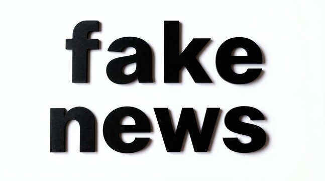 Black letters spell out fake news on clean white background. Simple, direct message relates to information integrity, media literacy. Visual represents deception, false reporting in modern