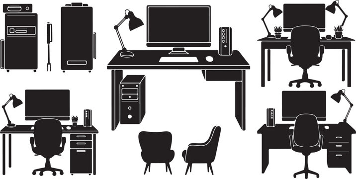 Office workstation and furniture silhouette icon collection