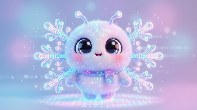 Cute fluffy white digital creature with glowing snowflake wings and binary code background in soft purple and blue gradient