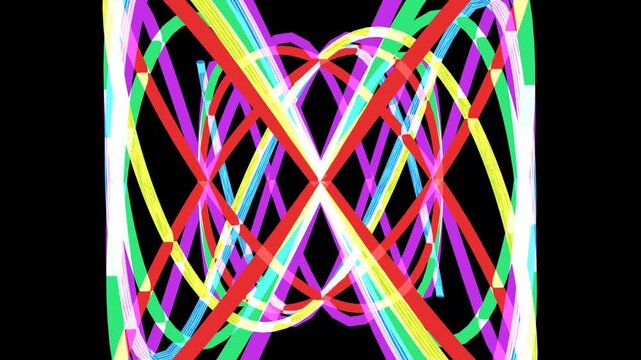 Abstract motion graphics featuring colorful, patterned ribbons in a dynamic loop against a black background, creating an energetic, symmetrical visual.