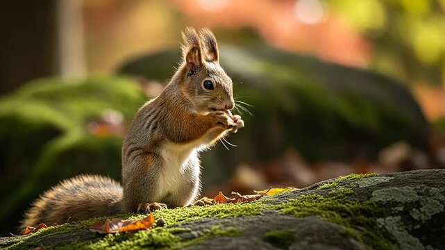 Red squirrel eating nut on mossy rock in forest