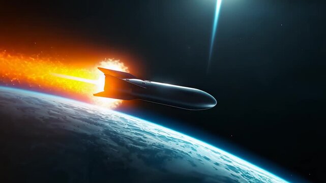 Spacecraft orbiting above Earth with fiery propulsion trail, satellite mission, orbital technology and atmospheric reentry over planet horizon