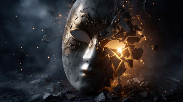 Unmasking the inner glow a shattered mask revealing true self in a dark environment