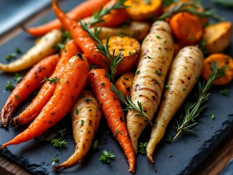 Roasted root vegetables including carrots and parsnips are seasoned with aromatic rosemary on a dark slate board.