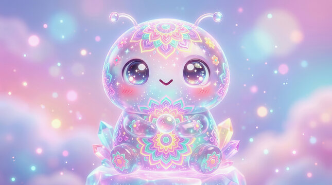 Cute glowing alien creature with large eyes and colorful patterns sits on a magical glowing platform in a dreamy pastel universe filled with sparkling lights and soft clouds.