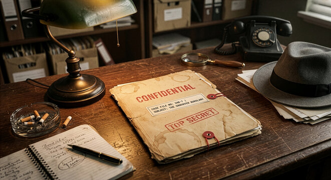 Old Confidential File Folder Lying on Detective Desk with Lamp