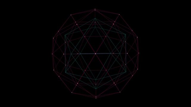 Geometric wireframe animation with interconnected lines and nodes on a black background, suggesting data or network visualization. The abstract motion creates a dynamic, futuristic feel.