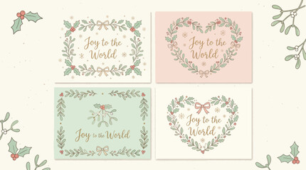 A collection of four charming Christmas cards featuring "Joy to the World" text surrounded by festive floral and berry wreaths. © Terra