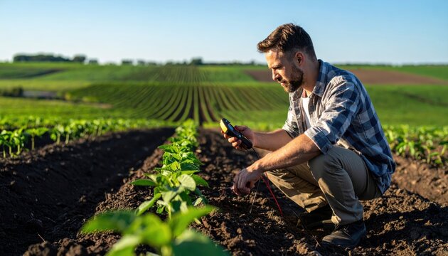 Farmer testing soil moisture with handheld meter in vast field of young crops, showcasing precision agriculture.
